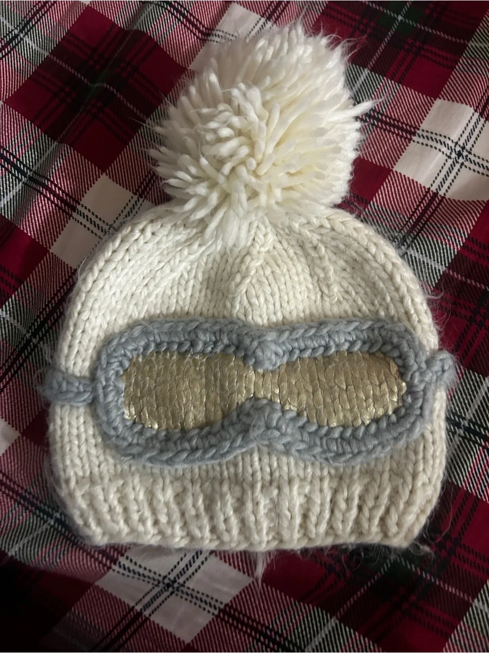 Kids Cream Knit Pom Beanie with Gold Sleep Mask Accent